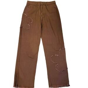NWT ~ Brown Raw Edge Hem & Frayed Flowers Denim Jeans Pants ~ Women's MEDIUM